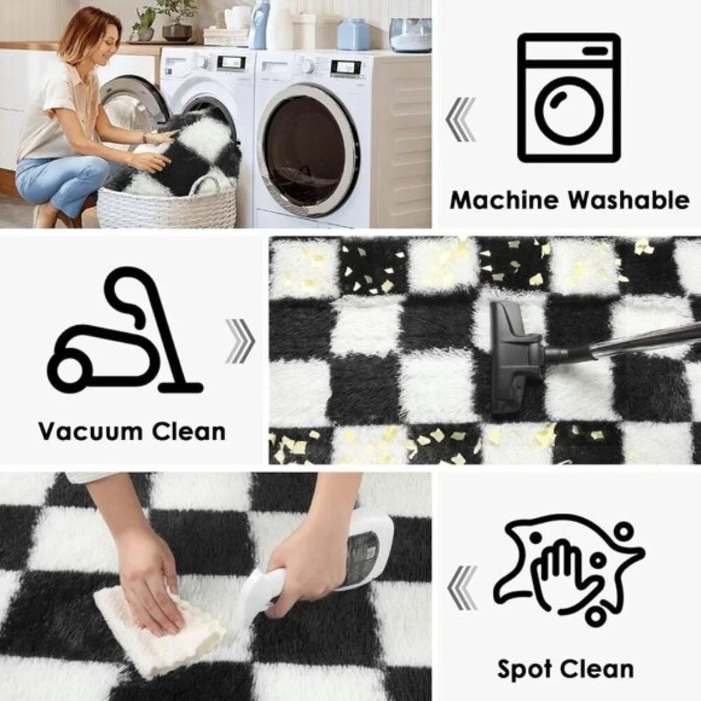 New 4x6 Black & White Checkered Rug – Fluffy Soft Shaggy Area Rug